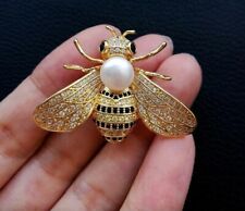 2.00Ct Round Cut Real White Pearl Women's Bee Brooch Pin 14K Yellow Gold Plated for sale  Shipping to South Africa