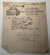 1921 J. K. LEVINE TINSMITH & ROOFER Ogrzewanie pieca Brooklyn NOWY JORK Nagłówek firmowy, używany na sprzedaż  Wysyłka do Poland