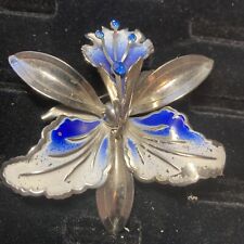 Used, ANTIQUE VINTAGE ORCHID Blue RHINESTONE SILVER TONE Enamel BROOCH RARE Beautiful for sale  Shipping to South Africa