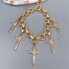 Crucifix Charm Cubic Zirconia Pave Gold Plated Chain Bracelet Religion Jewelry, usado comprar usado  Enviando para Brazil