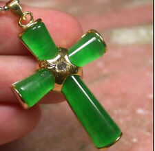 Fashion 25x35mm Natural Green Jade Cross 14K GP Pendant Necklace AAA Top Grade for sale  Shipping to South Africa
