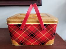 Vintage Red Tartan Plaid Metal Tin Hinged picnic basket melamine plate cups set for sale  Shipping to South Africa