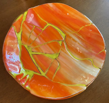 Used, Hand Made Studio Fused Abstract Art Glass Bowl 11" Dish Orange, Yellow streaking for sale  Shipping to South Africa