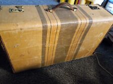 Used, 1930's Vintage Striped TAN TWEED Brown Suitcase Antique Hardbody 26" x 14" x 8"  for sale  Concordia