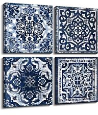 Arte decorativa de parede padrão flor lona azul marinho e branco 4 painéis 14 x 14, usado comprar usado  Enviando para Brazil