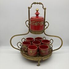 RARE Vintage 9-Piece Tea/Coffee Set Brass Ceramic w/ Footed Stand Carrier Floral for sale  Shipping to South Africa