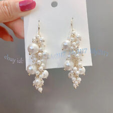 4-12mm White South Sea Shell Pearl Round Beads Cluster Dangle Hook Earrings for sale  Shipping to South Africa