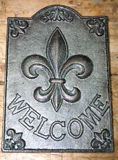 Used, Large Cast Iron FLEUR DE LIS WELCOME Plaque Finial Garden Sign Home Decor GREEN for sale  Shipping to South Africa