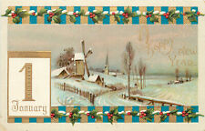 Papel de parede cartão postal feliz ano novo cena de inverno listras azuis e douradas em relevo, usado comprar usado  Enviando para Brazil