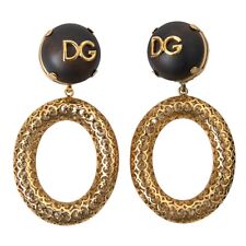 DOLCE & GABBANA Earrings Gold Brass Brown Wood Hoop Clip On Jewelry Dangling, used for sale  Shipping to South Africa