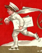 Postal de Navidad dorada 1910 en relieve para niño pequeño patinaje sobre hielo  segunda mano  Embacar hacia Mexico