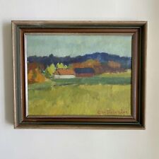 Vintage Framed Swedish Mid-Century Landscape Houses Trees Fields Oil Painting  for sale  Shipping to South Africa