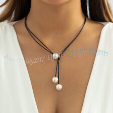 10mm South Sea White Shell Pearl Round Beads Black Leather Rope Necklace 39'' for sale  Shipping to South Africa