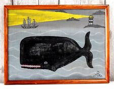 Pintura de baleia ingênua original arte popular costa litorânea em moldura de madeira vintage comprar usado  Enviando para Brazil