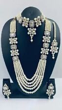 Gold Plated Indian Long Pearl Bridal Necklace Earrings Tikka Wedding Jewelry Set, used for sale  Shipping to South Africa