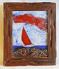 Art Tile Sailboat Folk Art Vintage Modern Mid Century Painted Incised Red Sail for sale  Shipping to Canada