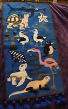 Vintage GALAPOGOS ISLANDS TAPESTRY w Animals, Fish, Birds BLUE 36"x25" Handmade for sale  Shipping to South Africa