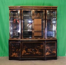 ANTIQUE CHINOISERIE BLACK LAQUERED DISPLAY CABINET GOLD DECORATION & LIGHTS for sale  Shipping to South Africa