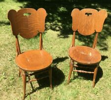 **Vintage ANTIQUE DINING CHAIRS FLAMED MAPLE SCROLL CUT ROUND SEAT PAIR SLAB for sale  Shipping to South Africa