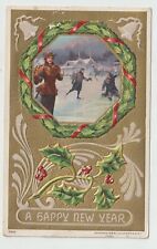 1909 New Year Postcard People Skating inside of Wreath Bells Holly with Berries for sale  Shipping to South Africa