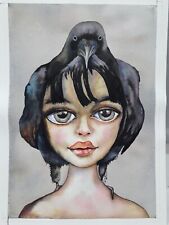 ORIGINAL ARTWORK CROW CORVID LOVERS GIRL POTRAIT LADY WATERCOLOUR PAINTING..., used for sale  NORTHWICH
