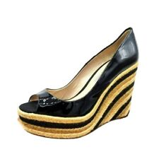 Brian Atwood Espadrille Wedge Heels 40 Black Tan Cream Patent Leather Peep Toe for sale  Shipping to South Africa