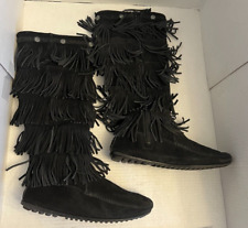 Used, MINNETONKA Black Suede Fringe High Boot 4 Layers Style 1659 Women 9 40 Side zip for sale  Shipping to South Africa