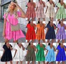 Women Ladies V Neck Frill Layered Summer Beach Tiered Smock Swing Mini Dress Top for sale  Shipping to South Africa