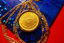Antiguo colgante de moneda de oro brillante sol de 28 mm en una cadena Figaro llena de oro de 24, usado segunda mano  Embacar hacia Argentina