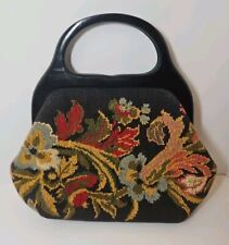Vintage 1960's Tapestry Floral Handbag BLACK WOOD Handles Cottagecore Granny  for sale  Shipping to South Africa