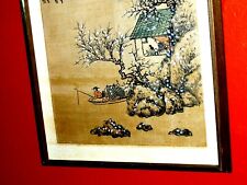 LARGE Temple Mountain Fishing Boat Man Woman Chinese Landscape Silk Old Painting, used for sale  Houston