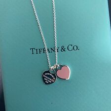 Tiffany&CO AG925 Silver Pink Enamel Mini Double Heart Necklace, used for sale  CHELMSFORD