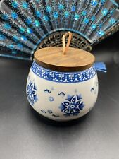Opal House grés branco vasilha tampa de madeira com design floral azul  comprar usado  Enviando para Brazil