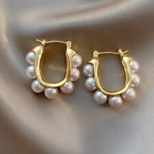 1.50Ct Round Cut Genuine White Pearl Women Hoop Earrings 14K Yellow Gold Plated for sale  Shipping to South Africa