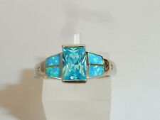 Ladies 925 Solid Silver Baguette Cut Aquamarine Solitaire With Opal Accents Ring for sale  BURY ST. EDMUNDS
