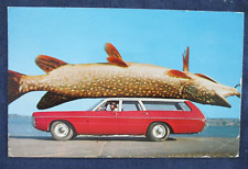 Cartão postal exagero pesca peixe grande carro vagão estação vermelha ca1970 comprar usado  Enviando para Brazil