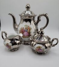 L. Parbus Silver Porcelain Tea Set Oberkotzau W. Germany Victorian Scene , used for sale  Shipping to South Africa