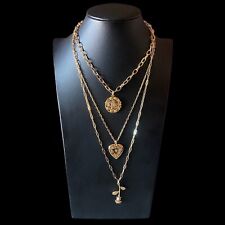 Layered Heart Rose Pendant Necklace 3 Strands w Pendants Gold Tone for sale  Shipping to South Africa