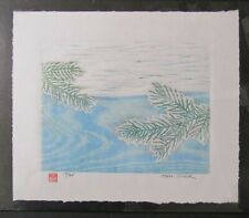 Fir Pine Tree branch woodcut woodblock print Japanese moku hanga washi signed for sale  Shipping to South Africa