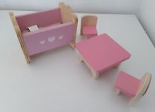 Dolls House Wooden Furniture Nursery Cot And Table & 2 Chairs Pink Accessories  for sale  Shipping to South Africa