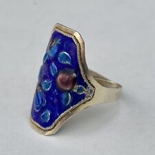 Anel de esmalte cloisonne pintado à mão prata esterlina azul cobalto tamanho 9 ajustável comprar usado  Enviando para Brazil