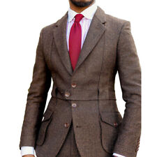 Brown Business Men Suits Regular Fit Formal Prom Tweed Herringbone Double Vents for sale  Shipping to South Africa