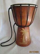 Mahogany DJEMBE DRUM w/ Shoulder Cord Hand-Etched PALM TREES made in the Bahamas for sale  Shipping to South Africa