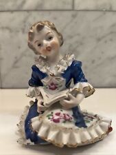 Vintage Porcelain Sitting Girl Holding Book Figurine Ruffled Blue Dress Japan for sale  Shipping to South Africa