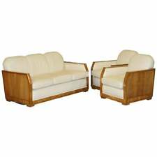 ART DECO HARRY & LOU EPSTEIN WALNUT & CREAM LEATHER SUITE SOFA & ARMCHAIRS PAIR for sale  Shipping to South Africa