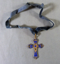 Colgante Crucifijo Religioso Francés Antiguo Azul Esmaltado Cobre segunda mano  Embacar hacia Argentina