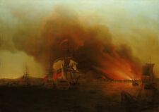 oil painting on canvas "Taking and destruction of the port of Paita "@N10791, käytetty myynnissä  Leverans till Finland