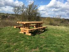 Rustic Bespoke solid wooden log garden outside picnic Table and Bench, used for sale  Shipping to South Africa