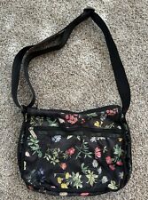Used, Vintage Lesportsac 8.5”x11” Black And Floral Adjustable Strap Multi Pocket Bag for sale  Shipping to South Africa