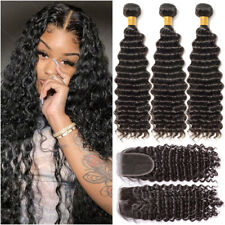 Deep Wave Brazilian Virgin Human Hair 3 Bundles=300G Closure Weave Weft Curly US, used for sale  Shipping to South Africa